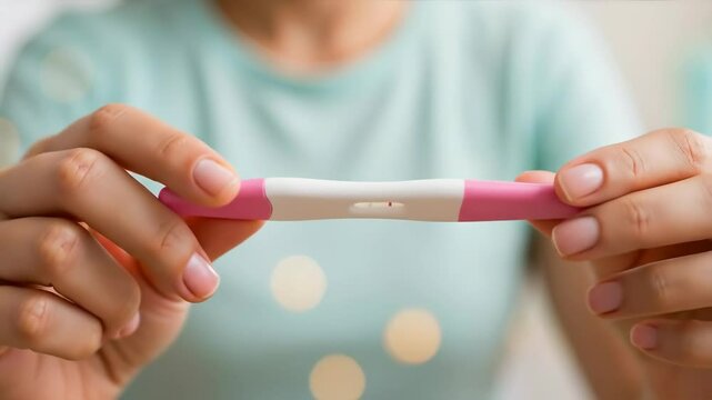 Woman holding pink pregnancy test with hands showing positive result. Female checking home diagnostic kit for maternity and family planning healthcare services