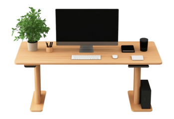 Ergonomic desk with computer and supplies image isolated transparent. Workstation table adjustable height cut out photo png. Technology home office cutout element object photography