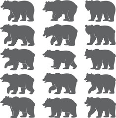 Fifteen Gray Bear Silhouettes Walking in Various Poses on White Background Animal Wildlife Graphic Design Elements