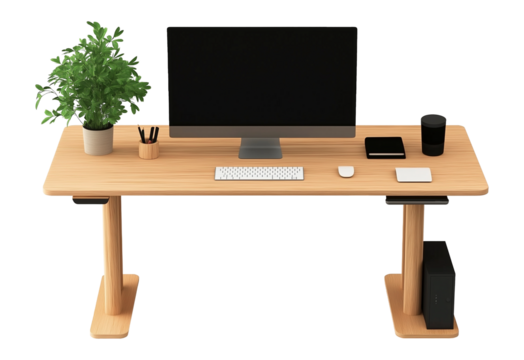 Ergonomic desk with computer and supplies image isolated transparent. Workstation table adjustable height cut out photo png. Technology home office cutout element object photography
