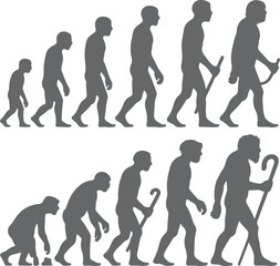 Obraz premium Gray Scale Silhouette Human Evolution Stages Progression Primate Ape to Modern Man Walking Stick Tool