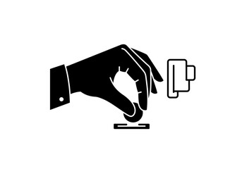 A hand in a suit putting a coin into a slot with a coin acceptor icon to the right side of it