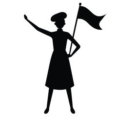 Woman Wearing Beret and Waving Flag Silhouette