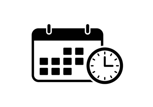 A simple black and white icon showing a calendar with a clock next to it on a white background