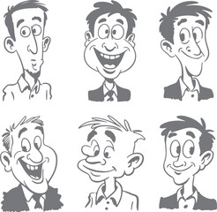 Six grayscale cartoon male head and shoulders silhouettes various expressions joyful surprised pensive