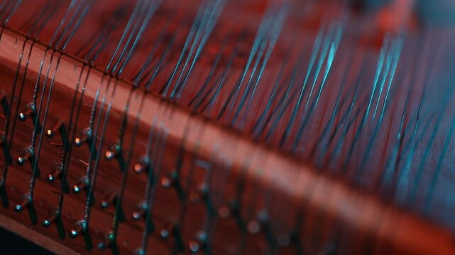 Cinematic macro close-up of a traditional wooden stringed instrument. Slow focus pull along tuning pegs and strings under dramatic red and teal lights, creating a moody atmosphere.