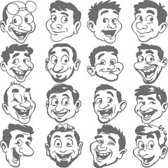 Sixteen Gray Scale Cartoon Men Heads Smiling Diverse Expressions Happy Faces Silhouette Collection Vector Art