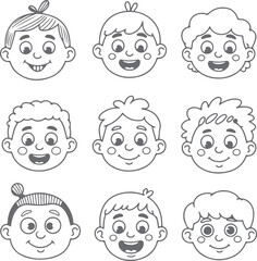 Nine Gray Scale Cartoon Boy Head Silhouettes Diverse Hairstyles Happy Expressions Childrens Illustrations