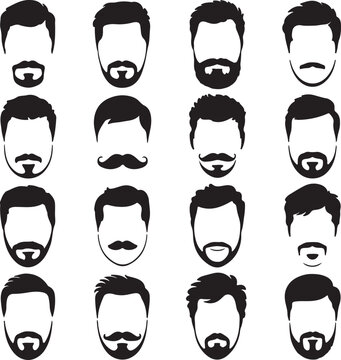 Sixteen Black Silhouettes of Men's Faces Displaying Varied Hairstyles and Facial Hair Goatees Mustaches and Beards
