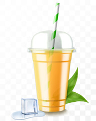 Clear plastic cup with juice or smoothie. Cup with sphere dome cap for milkshake, lemonade. Fruity organic shake with ice cube. Fruit cocktail. Realistic 3d vector template