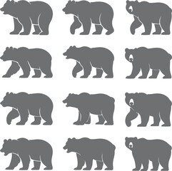 Obraz premium Twelve Grey Bear Silhouettes Walking in Different Directions Simple Animal Graphic Design Elements