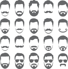 Twenty gray male face silhouettes various hairstyles beards mustaches goatees sunglasses hipster style icons set