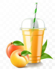 Clear plastic cup with peach or apricot juice or smoothie. Cup with sphere dome cap for milkshake, lemonade. Fruity organic shake. Fruit cocktail. Realistic 3d vector template
