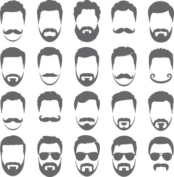 Twenty gray male face silhouettes various hairstyles beards mustaches goatees sunglasses hipster style icons set