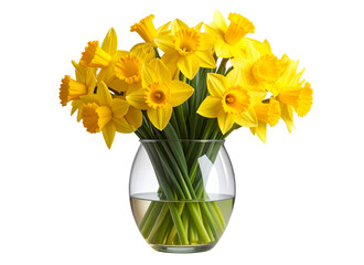 Glass Vase with Fresh Yellow Daffodils in Side Light, isolated on a transparent background