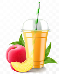 Clear plastic cup with plum juice or smoothie. Fruit cocktail. Cup with sphere dome cap for milkshake, lemonade, cold or hot drink. Mug of fruity organic shake. Realistic 3d vector template