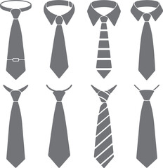 Eight Gray Necktie Silhouettes Various Styles and Knots Business Attire Fashion Icons Set