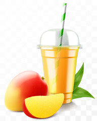 Clear plastic cup with mango juice or smoothie. Fruit cocktail. Cup with sphere dome cap for milkshake, lemonade, cold or hot drink. Mug of fruity organic shake. Realistic 3d vector template