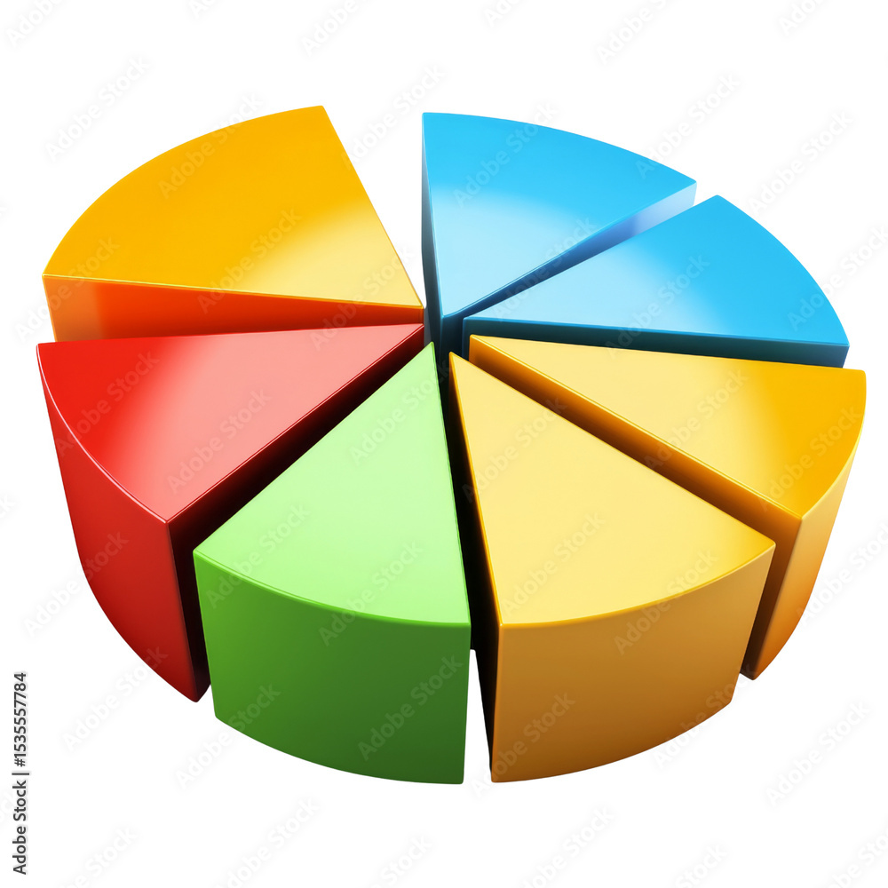 Poster colorful pie chart with segments in red, yellow, green, blue, and orange, representing data visualiz