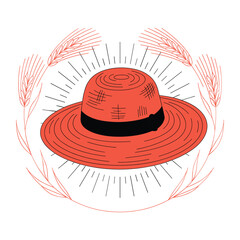 Red Sun Hat Vector with Wheat and Sunburst