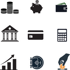 Set of Financial and Banking Icons Including Wallet, Piggy Bank, Coins, Credit Card, and Growth Chart in Vector Format