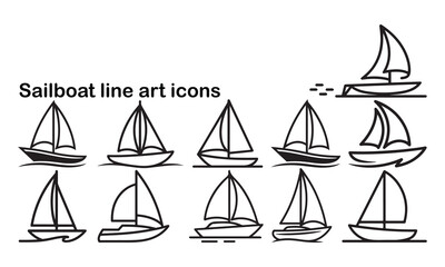 Set of sailboat line art icon silhouette vector illustration