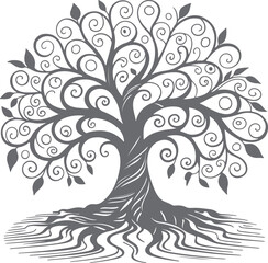 Obraz premium Ornate Gray Silhouette Tree with Swirling Branches and Extensive Root System Detailed Illustration