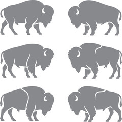 Fototapeta premium Six Grey Bison Silhouettes Different Poses American Buffalo Animal Wildlife Set Graphic Design Elements