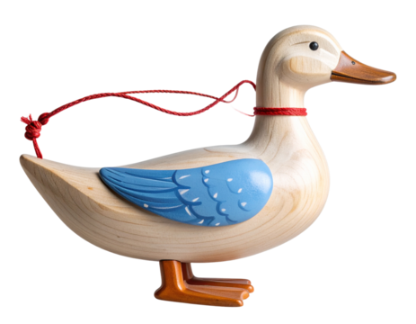 Vintage Wooden Toy Duck with Pull String, Transparent Background.