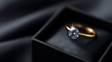 A stunning gold ring with a sparkling diamond sits elegantly in a black box. This jewelry piece signifies love and commitment. Perfect for special occasions. AI