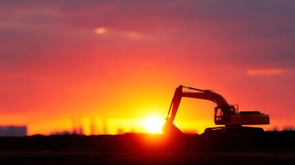 Excavator working at sunset in an industrial setting. The silhouette contrasts beautifully against the vibrant colors of the night sky. A perfect image for construction and nature themes. AI