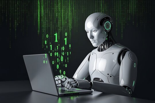 A Futuristic Humanoid Robot Working on a Laptop In a Futuristic Background— Representing Artificial Intelligence, Automation, and the Future of Technology in the Workplace