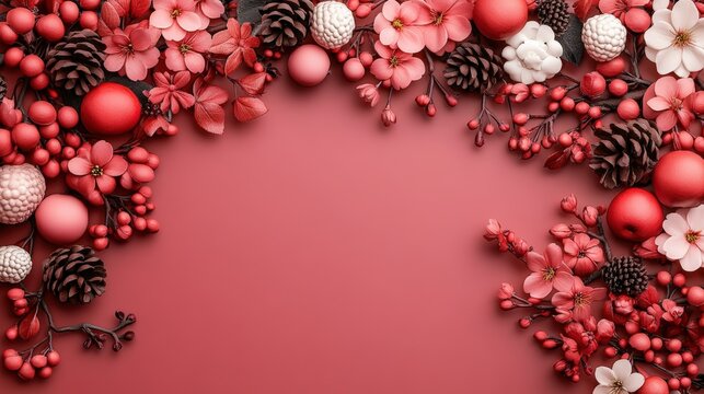Vibrant pink and white floral border with pinecones and berries on soft pink background for sp decor - Powered by Adobe