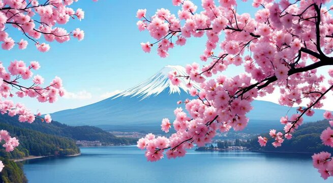 Cherry blossoms frame majestic mount fuji under a bright azure sky