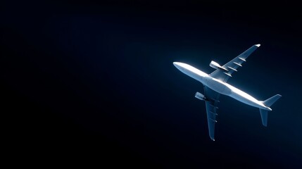 A stunning view of a sleek airplane soaring through a dark sky. The design is modern and dynamic. Perfect for travel themes and aviation projects. Capture the essence of flight. AI