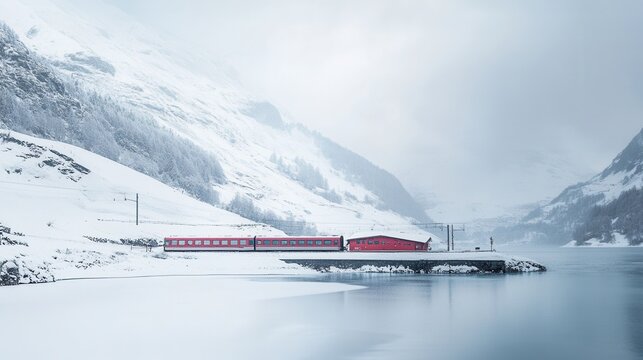 Red train crossing a bridge over a serene, snow-covered lake surrounded by mountains