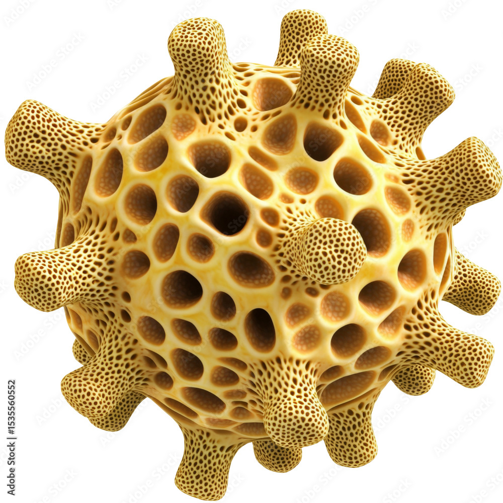 Poster this depicts detailed, textured representation of virus with porous surface and protruding spikes, s