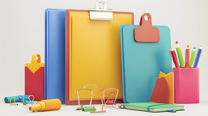 Arrangement of Colorful Clipboards and Stationery Items for Creative Workplace