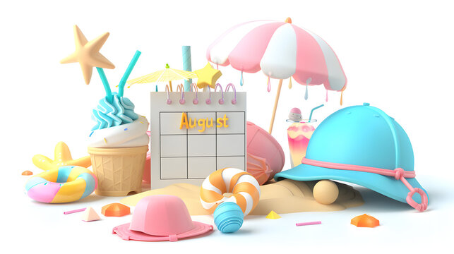 August Summer Beach Scene with Ice Cream, Calendar and Accessories