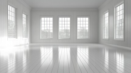 Fototapeta premium Empty, bright, white room with large windows