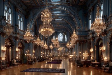 Royal palace interior with chandelier lighting high resolution image