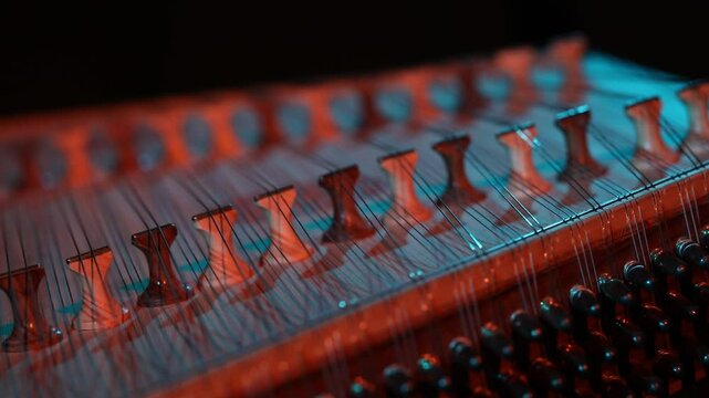 Cinematic macro close-up of a traditional wooden stringed instrument. Slow focus pull along tuning pegs and strings under dramatic red and teal lights, creating a moody atmosphere.