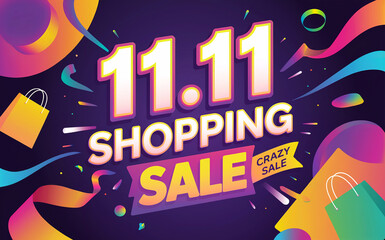 11.11 Shopping Sale Crazy Sale Promotional Graphic with Pink Numerals and Colorful Ribbon Background