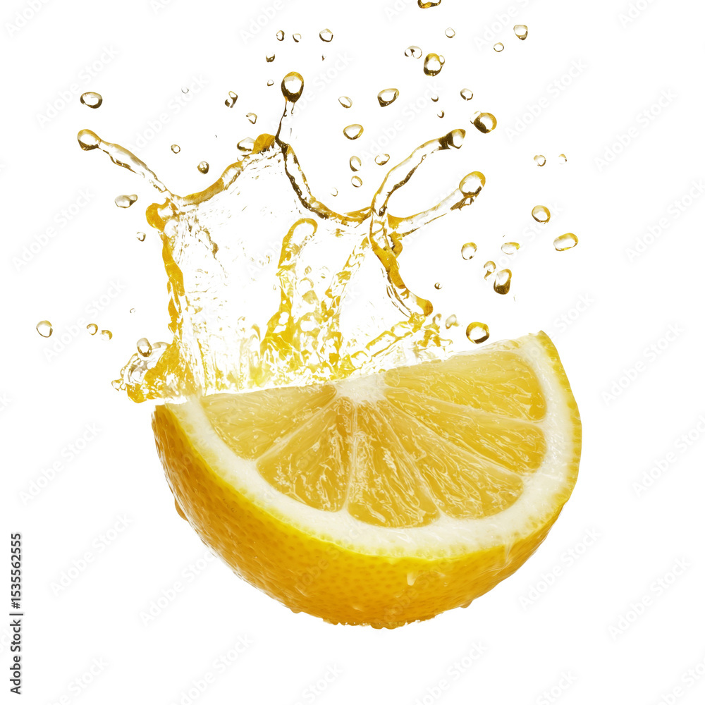 Poster Fresh lemon slice with splashes of juice on transparency background, showcasing vibrant yellow color and refreshing essence. Perfect for culinary and beverage themes