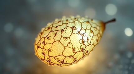 Close-up of a glowing, translucent, tear-drop shaped pod or seed, with an intricate network of dark veins and numerous clear liquid droplets covering its surface, against a soft, blurred background