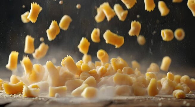 Close up shot of fresh raw pasta falling on flour covered wooden surface