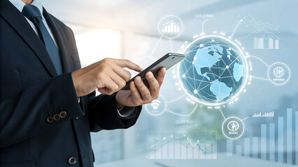 Businessman using smartphone, global network and data analytics visualized