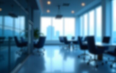 Blue-filtered blur of a modern office with chairs and tables to create a sense of sophistication and visual balance. High quality