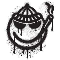 spray painted laughing emoji graffiti wearing a beanie and glasses