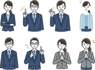 Business People Gestures Set – Positive, Professional – Office Workers, Hand Signs – Confident Team Illustration, Communication Pose Collection

